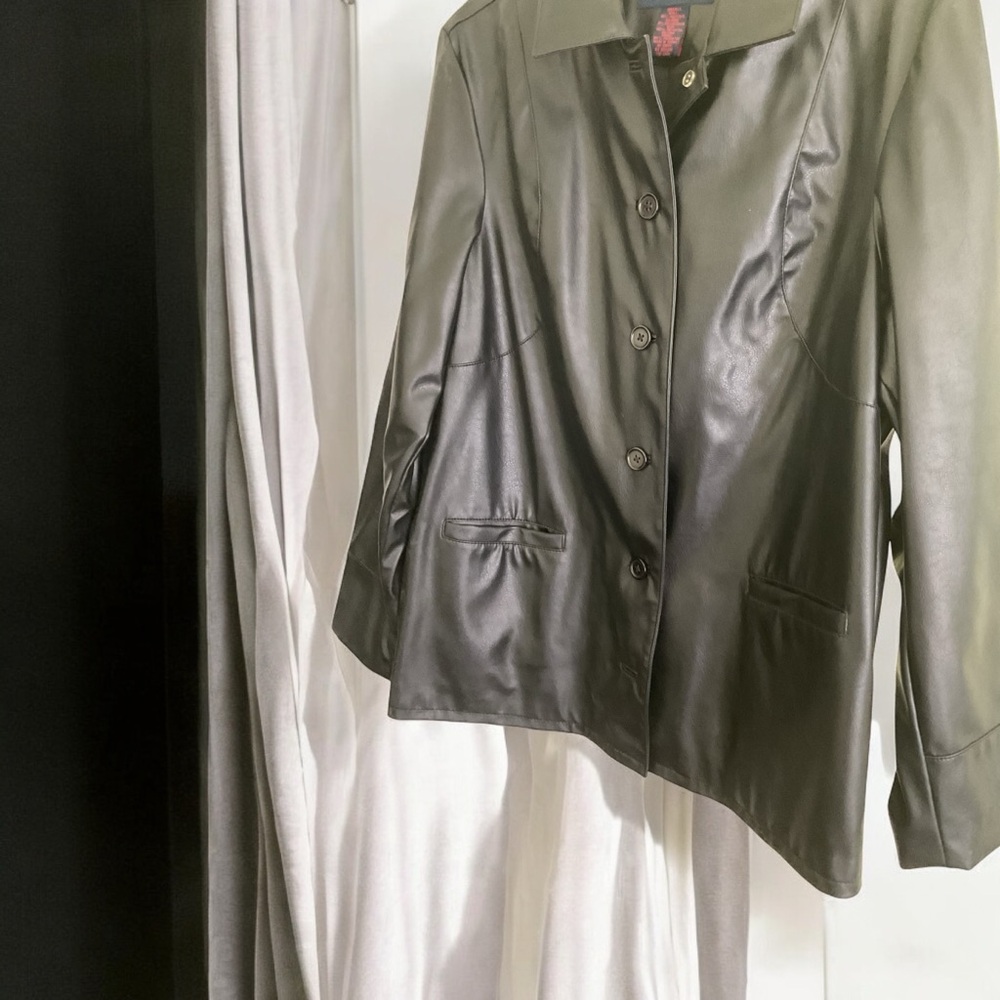 Genuine Leather Button Down Coat Black Front Pock… - image 5